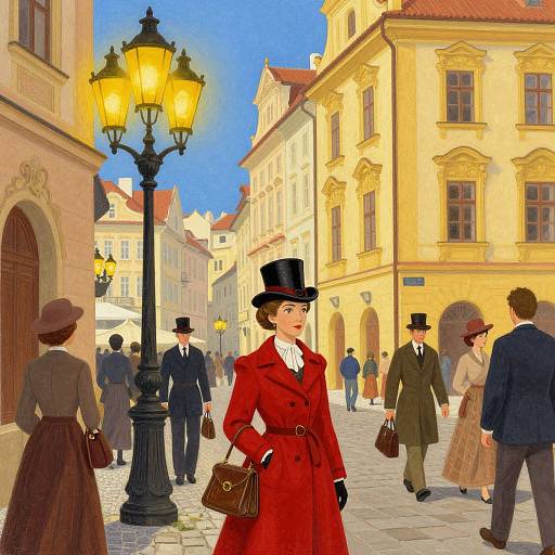 Victorian-era street scene: Red-coated woman with black top hat, white collar, holding purse, surrounded by men and women in period clothing,