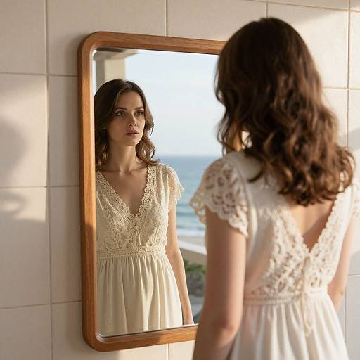 Photograph of a brunette woman with wavy hair, wearing a lace-trimmed white dress, standing before a wooden-framed mirror, reflecting her