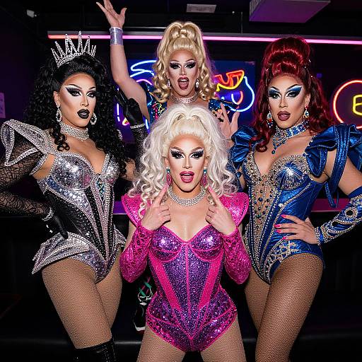 Photograph of four glamorous, heavily-made-up drag queens in sparkling, sequined outfits with high ponytails and bold makeup, posing confidently in a neon