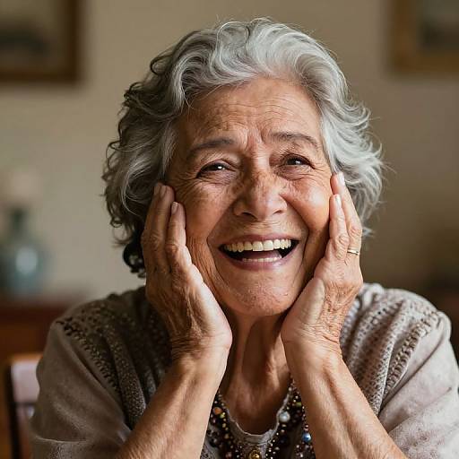 Photograph of an elderly woman with gray curly hair, smiling broadly, hands on her cheeks, wearing a patterned sweater, in a softly lit room