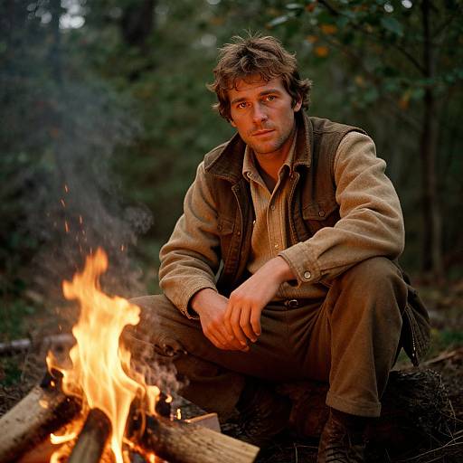 Photograph of a young man with tousled brown hair, wearing a beige fleece, brown vest, and pants, squatting by a glowing campfire