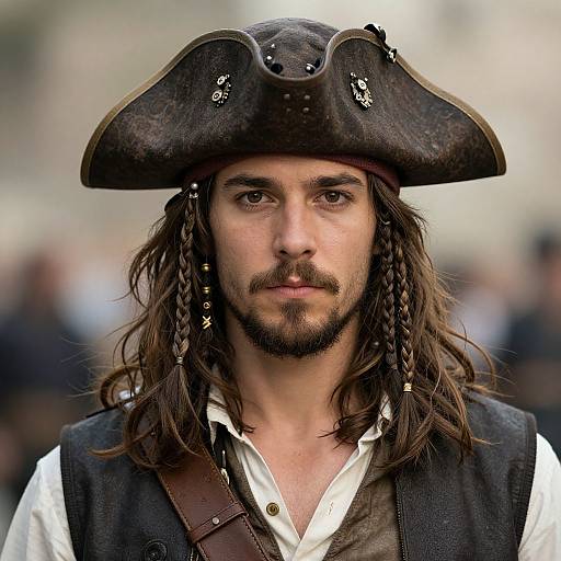 Photograph of a serious, bearded man with long brown hair in braided pigtails, wearing a worn, black tricorn pirate hat and