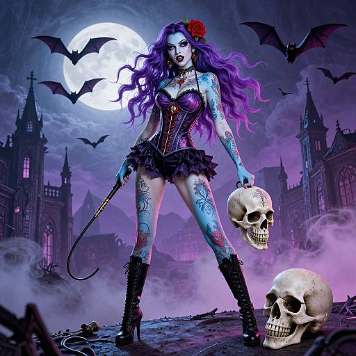 Gothic vampire woman with purple hair, tattoos, black corset, and skirt, holding skull, standing under full moon, bats, and go