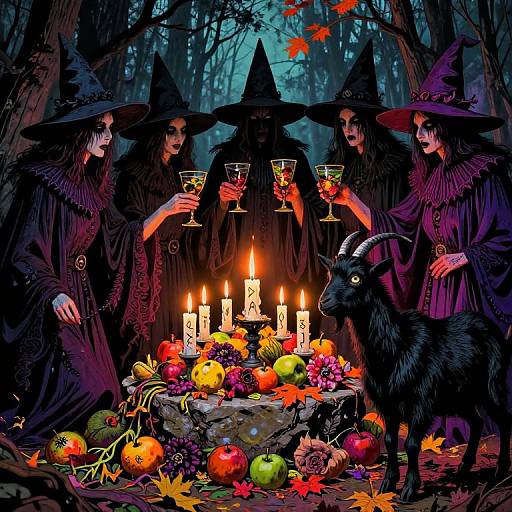 Digital illustration of four witches in black robes and hats, toasting with glasses around a candlelit table of colorful fruits and a black goat in a dark