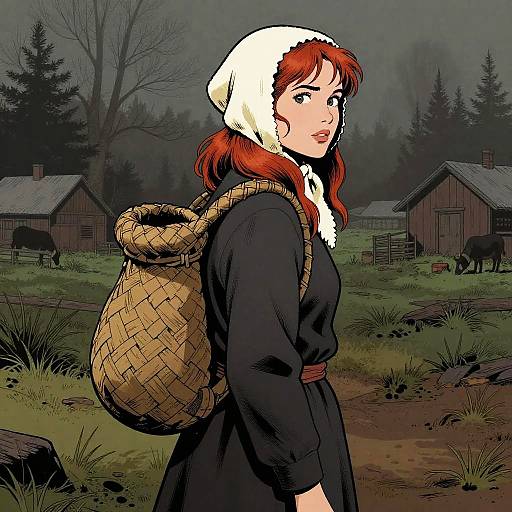 Young Shepherdess in Foggy Christmas Farm