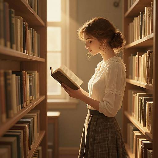 Photograph of a young woman with wavy brown hair in a bun, wearing a white lace blouse and plaid skirt, reading a book in a