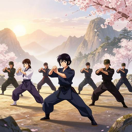 Anime-style digital artwork of six male martial artists in black and white karate uniforms, performing stances under cherry blossoms and mountain backdrop. Sunlight