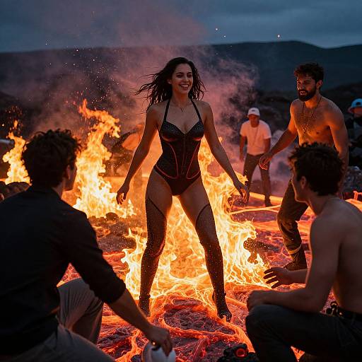 Photograph of a smiling woman in black lace lingerie standing confidently in front of a large, roaring fire, surrounded by shirtless men and one man in