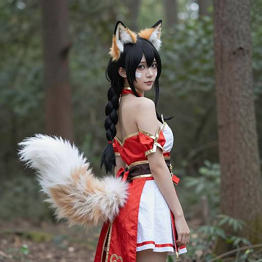 Asian Woman in Fox Cosplay Outfit in Forest
