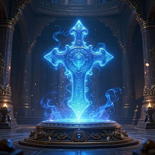 Photorealistic digital artwork of a glowing blue, intricately designed, ethereal cross floating above an ornate pedestal in a dark, gothic cathedral