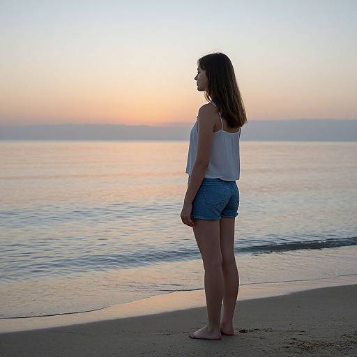Photograph of a young woman with long brown hair, wearing a white sleeveless top and denim shorts, standing barefoot on a beach at sunset,