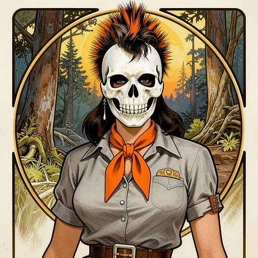 Digital illustration of a woman with a skull mask, orange scarf, gray shirt, and spiky orange-black hair in a forest.
