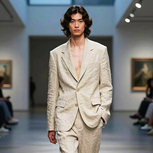 Androgynous Model in Linen Suit at Art Museum