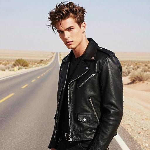 Young Male Biker with Mullet Hairstyle on Desert Highway