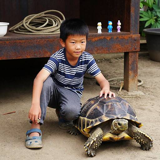 Young Asian Boy with Large Tortoise