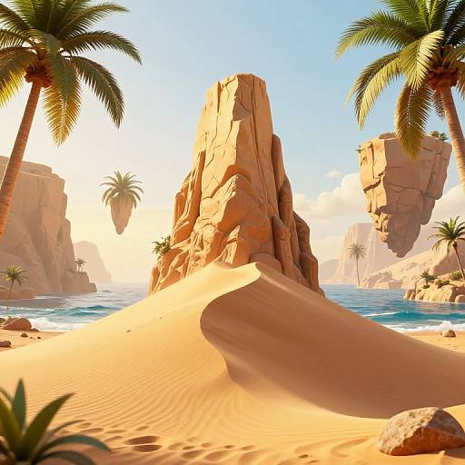 Photorealistic CGI of a sunny desert island with golden sand dunes, tall palm trees, and towering rocky cliffs overlooking blue ocean waves.