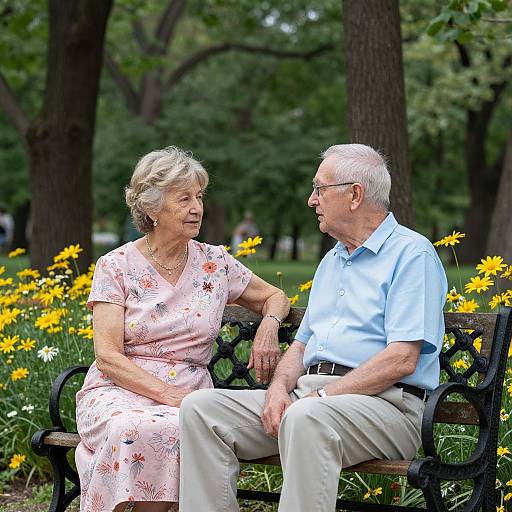 Photograph of elderly couple sitting on a black wrought-iron bench in a park, surrounded by yellow daisies, engaged in conversation. The woman