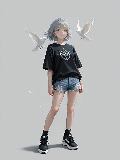 Anime-style digital drawing of a silver-haired girl in a black T-shirt, denim shorts, and black sneakers, with white birds flying around her.