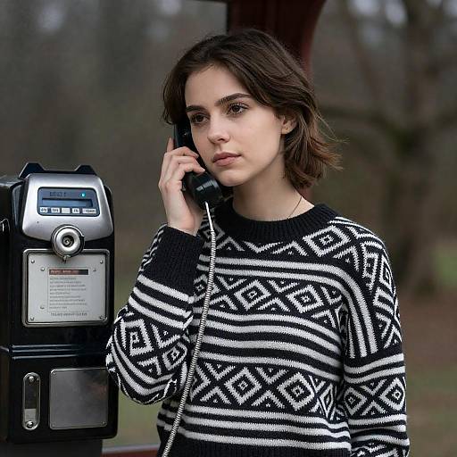 Young Woman Using Public Phone Booth