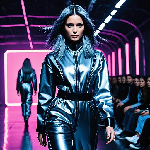 Woman in futuristic metallic jumpsuit on runway