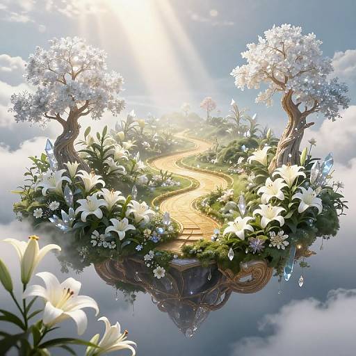 Fantastical floating island with winding path, white lilies, glowing trees, and crystal formations, bathed in radiant sunlight amidst fluffy clouds. Digital