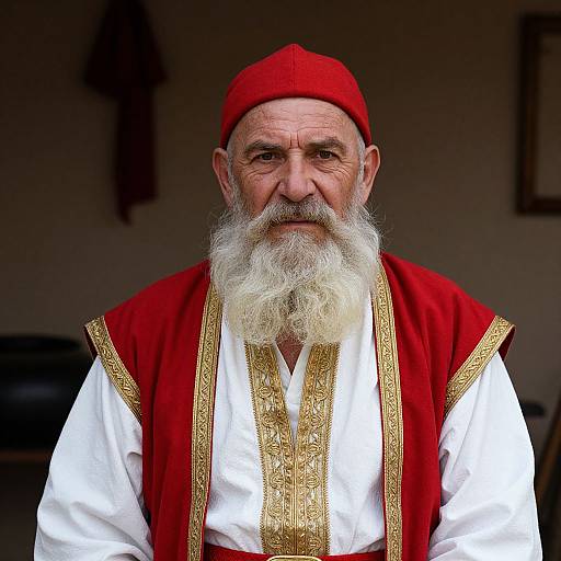 Photograph of an elderly man with a white beard, wearing a red cap and vest with gold trim over a white embroidered shirt.