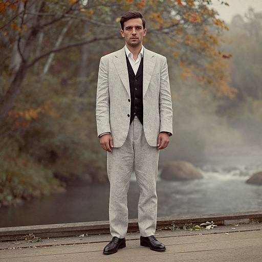 Photograph of a handsome man in a light gray suit, black vest, white shirt, and black shoes, standing on a wooden dock with a mist