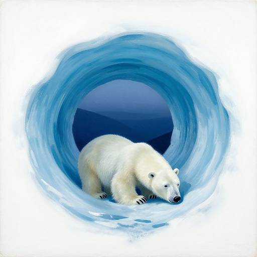Digital artwork of a white polar bear inside a swirling blue ice tunnel, with a dark blue background at the tunnel's end.