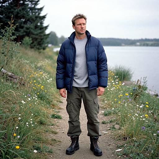 Photograph of a tall, handsome man with short blonde hair, wearing a navy puffer jacket, grey shirt, cargo pants, and black boots,