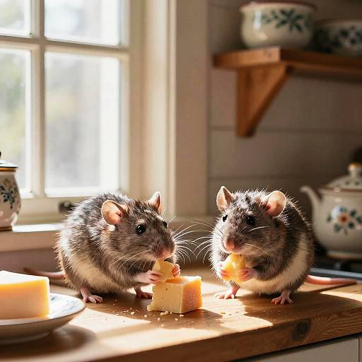 Two Rats Eating Cheese in Cozy Rustic Kitchen