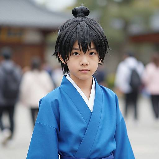 Photograph of a young Asian boy with black hair in a topknot, wearing a blue traditional Japanese kimono, standing outdoors with a blurred background
