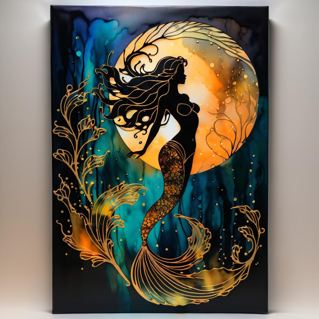 Elegant Mermaid Silhouette in Alcohol Ink