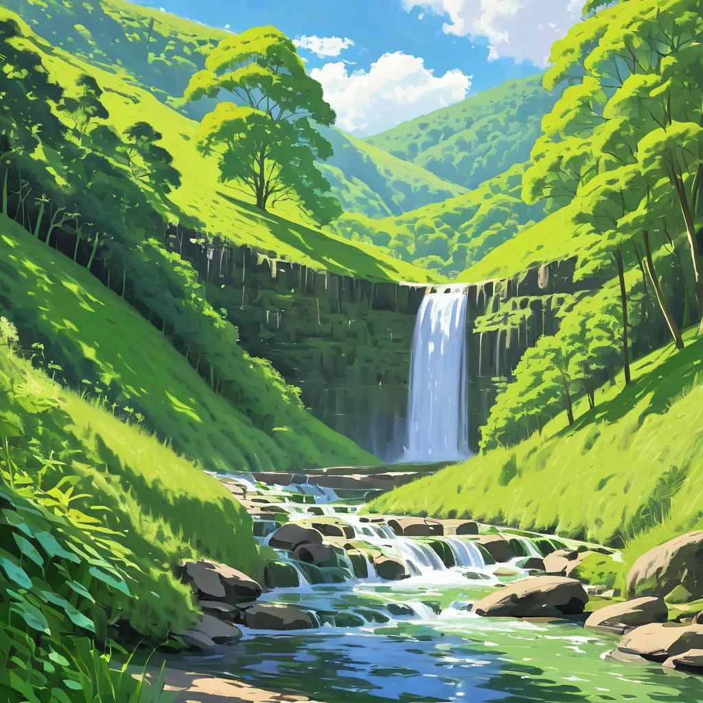 Sunlit Waterfall Gorge with Lush Hills