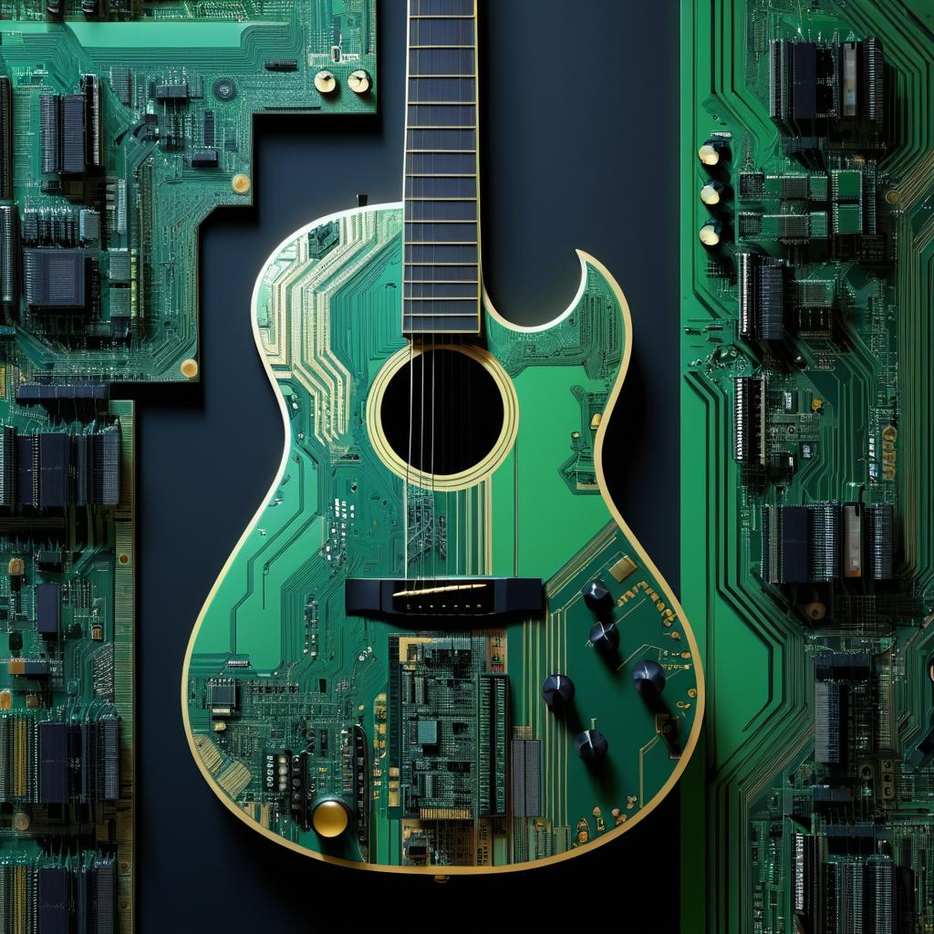 Circuit Board Guitar in Surreal Landscape