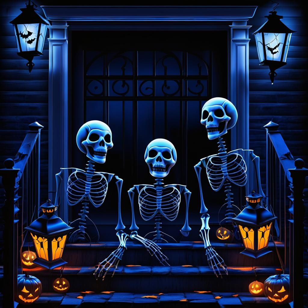 Halloween Night: Skeletons on Haunted Porch