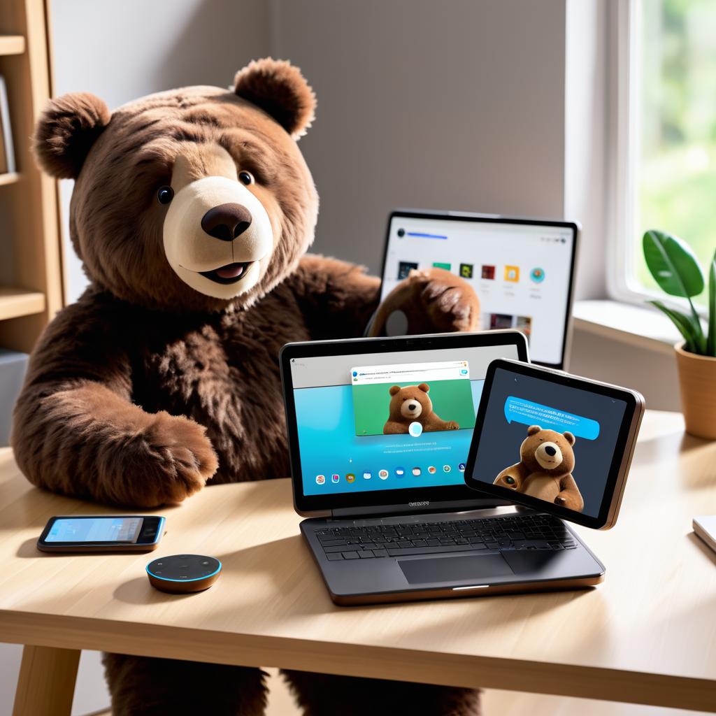 Smiling Bear Using a Laptop and Echo