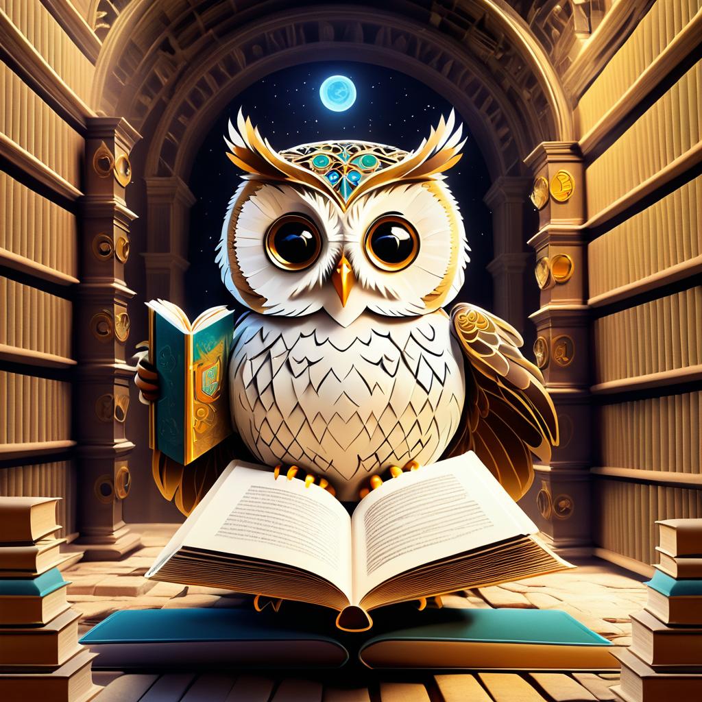 Whimsical Owl Reading in Ancient Library