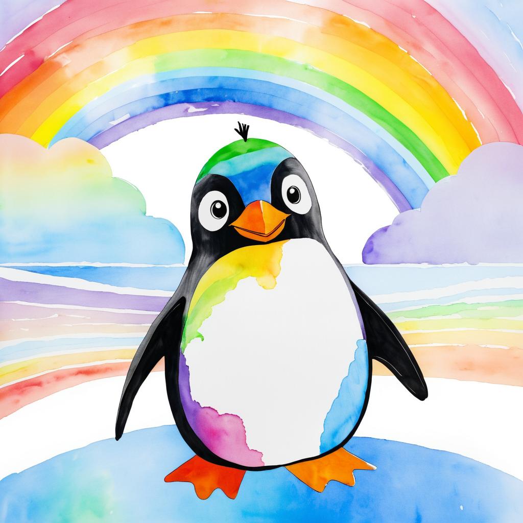 Whimsical Child's Penguin and Rainbow Art