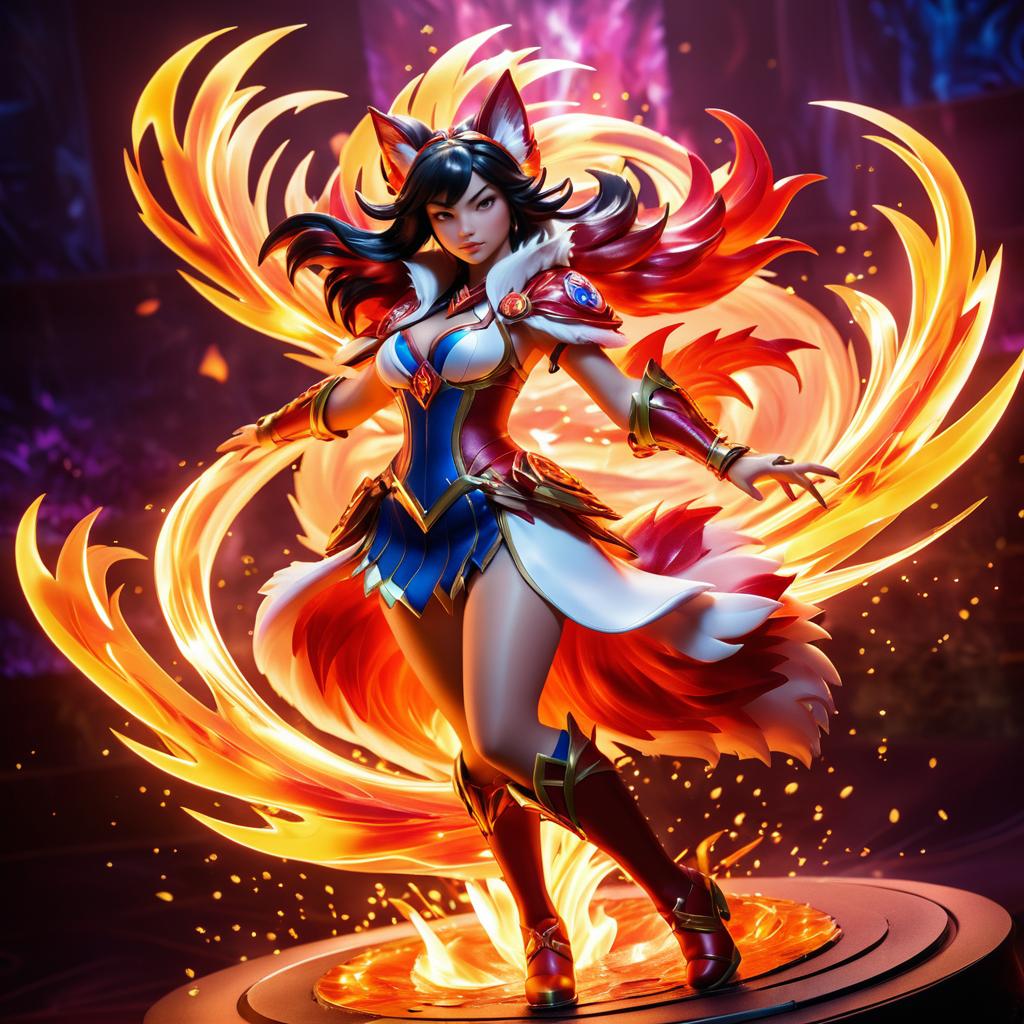 Dynamic 3D Ahri in Fiery Chaos