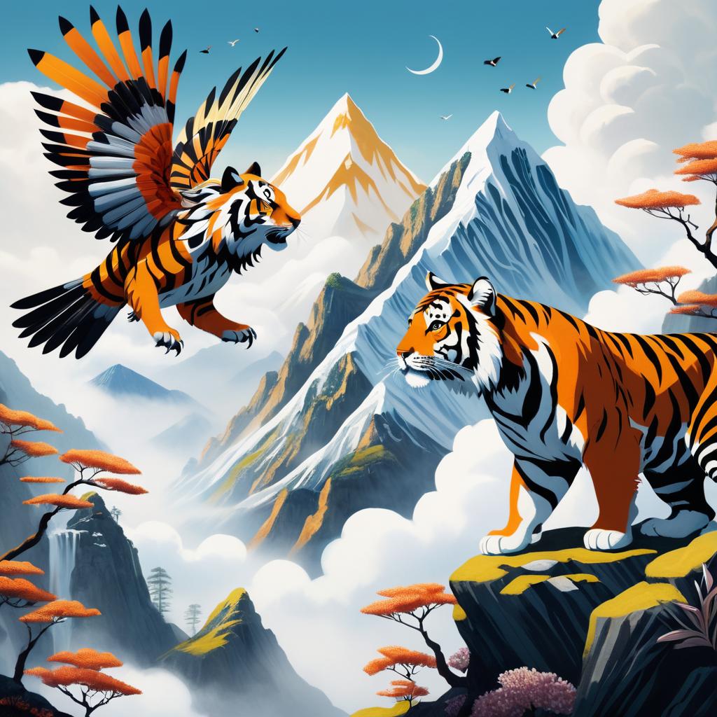 Sparrow-Tiger Hybrid in Enchanted Mountains