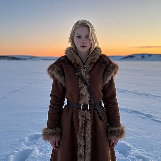 Photograph of a blonde woman in a fur-lined brown winter coat standing in a snowy landscape at sunset, with an orange and blue sky in the background