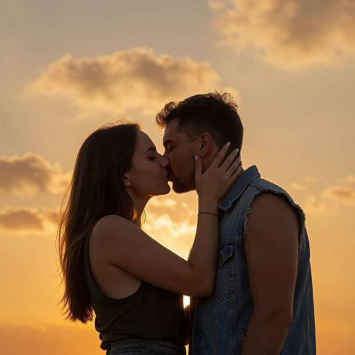Photograph of a couple kissing at sunset, silhouetted against a golden sky with scattered clouds, wearing casual summer clothes.