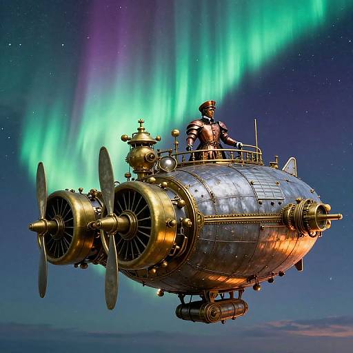 Steampunk airship with brass propellers flying through a night sky with vibrant green aurora borealis. Photorealistic CGI.