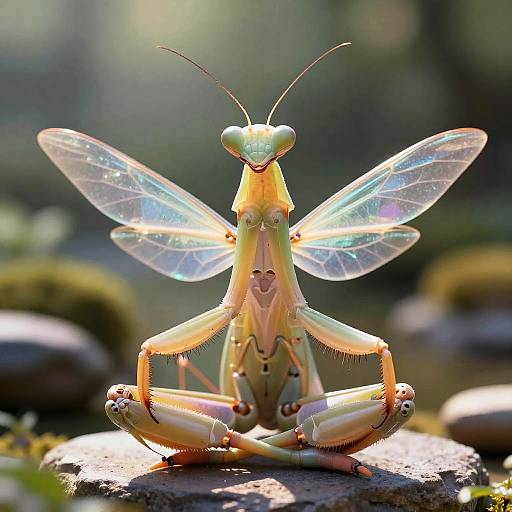 Meditating Humanoid Mantis in Zen Garden