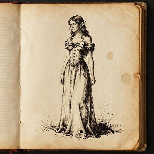 Ink Illustration of Elegant Elf Woman in Old Book
