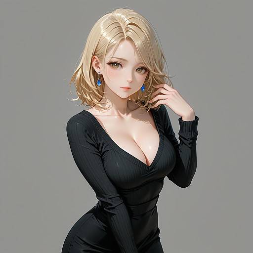 Blonde Woman in Black Sweater with Blue Earrings