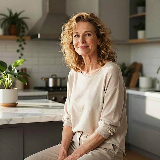 Photograph of a middle-aged woman with curly blonde hair, wearing a beige long-sleeve top, sitting in a sunlit modern kitchen.
