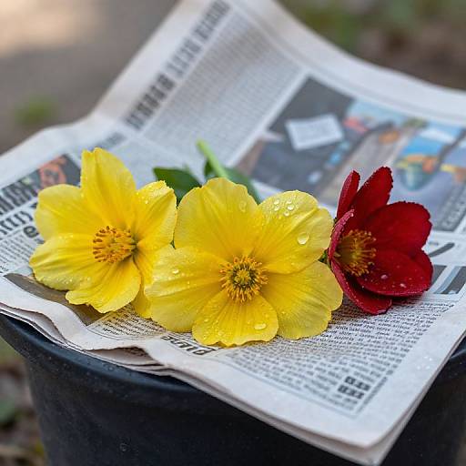 Photograph of two bright yellow flowers and one red flower, with water droplets, resting on a newspaper on a black cylindrical object.