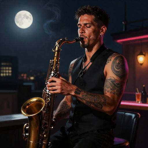 Moonlit Rooftop Jazz Saxophonist Portrait