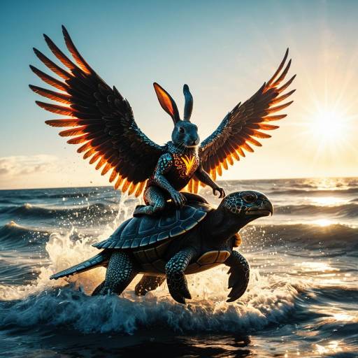 Cyberpunk Rabbit Riding Turtle with Glowing Wings at Ocean Sunset Cyberpunk Rabbit Riding Turtle with Glowing Wings at Ocean Sunset